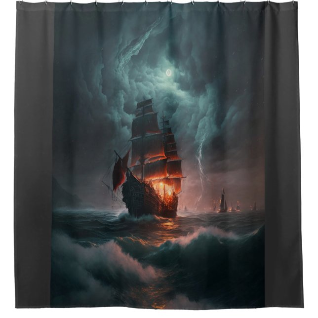 Sailing Ship Fighting Waves And Storm In The Sea Shower Curtain (Front)