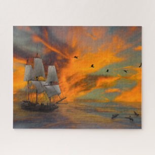 Sailing Ship Flying Dolphins Jigsaw Puzzle