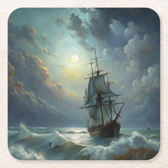 Sailing Ship in the Ocean Square Paper Coaster (Front)