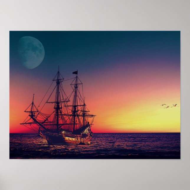 Sailing Ship into the Sunset Poster (Front)