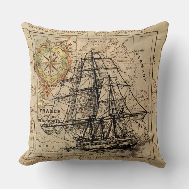 Sailing Ship Map Compass Design Cushion (Front)