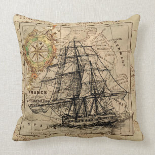 Sailing Ship Map Compass Design Cushion