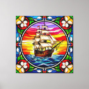 Sailing Ship on Open Sea at Sunset Canvas Print