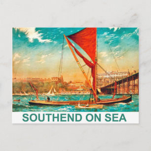 Sailing ship on Southend on Sea coast, vintage Postcard