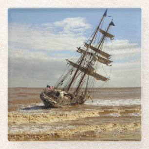 SAILING SHIP ON THE BEACH GLASS COASTER