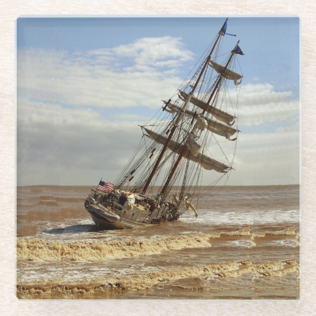 SAILING SHIP ON THE BEACH GLASS COASTER (Front)