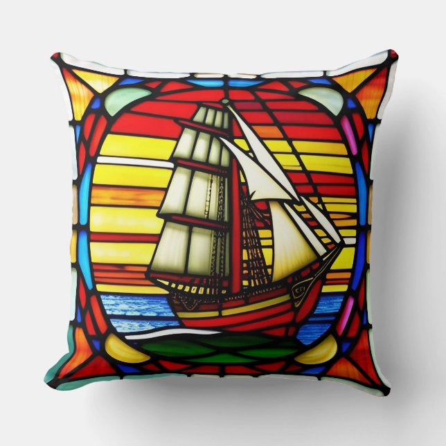 Sailing Ship Over Ocean Waves Cushion (Front)