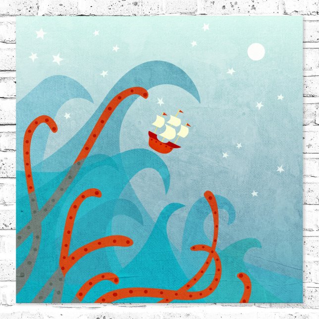 Sailing Ship Sea Monster Poster (Sailing boat and sea monster poster for sailors and adventurers)