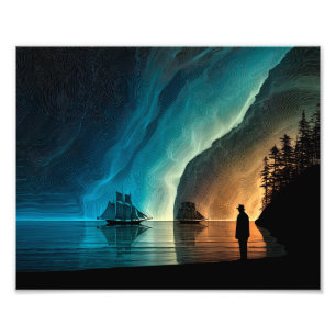 Sailing ships, Northern Lights, rocky shoreline Photo Print