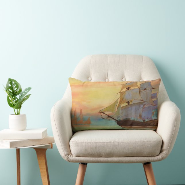 Sailing Ships Pillow, original artwork featured. Lumbar Cushion (Chair)