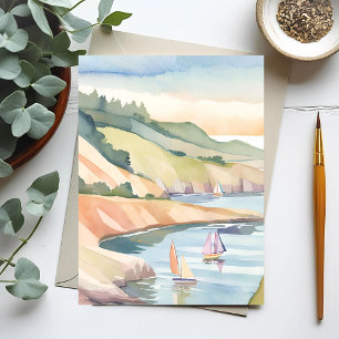 Sailing Shore   Rhode Island Ocean Watercolor Postcard