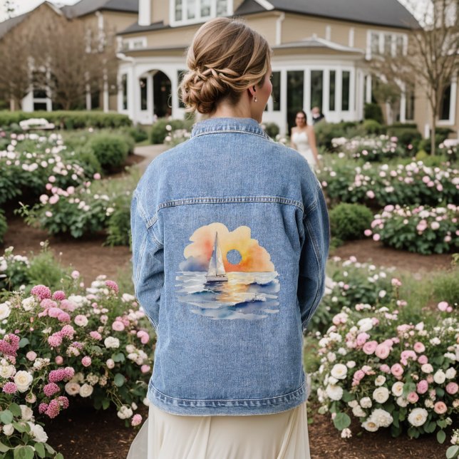 Sailing Sunset Coastal Sailor Summer Wedding Denim Jacket (Wedding Back)