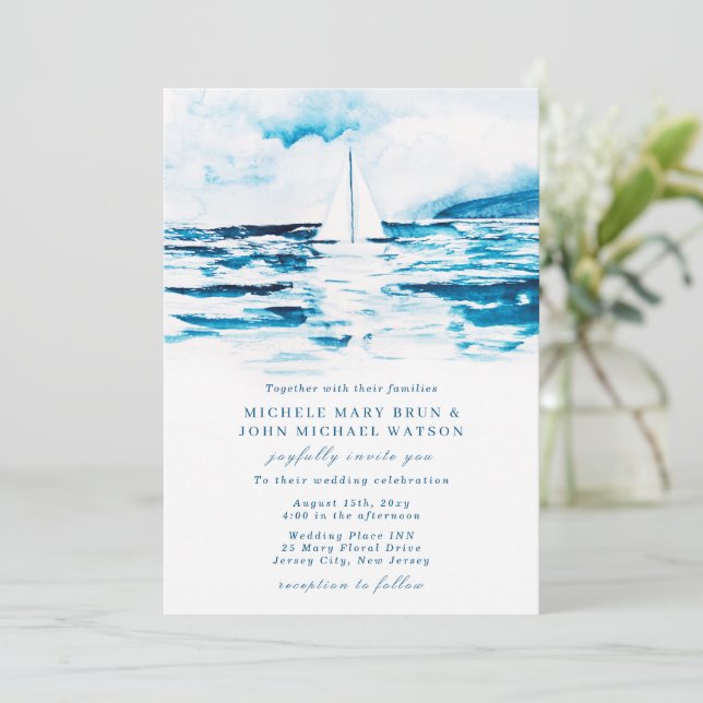 Sailing Watercolor Blue White Sea Summer Wedding Invitation (Standing Front)