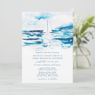 Sailing Watercolor Blue White Sea Summer Wedding Invitation