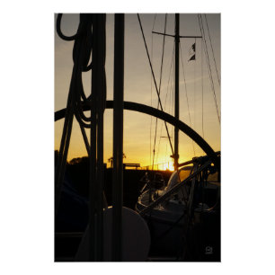 Sailing yacht helm with setting sun. poster