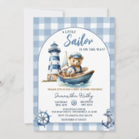 Sailor Bear Blue Gingham Baby Shower Invitation