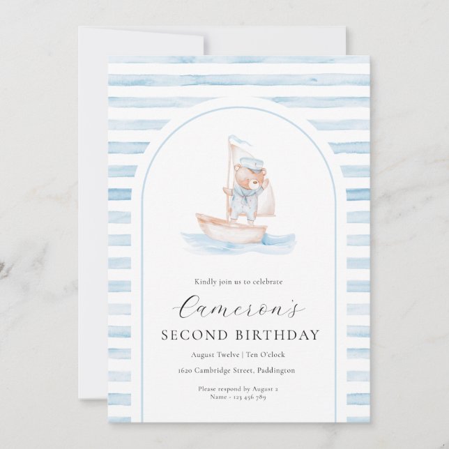 Sailor Bear Blue Stripe Arch Birthday Invitation (Front)
