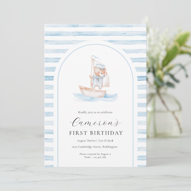 Sailor Bear Blue Stripe Arch First Birthday Invitation (Standing Front)