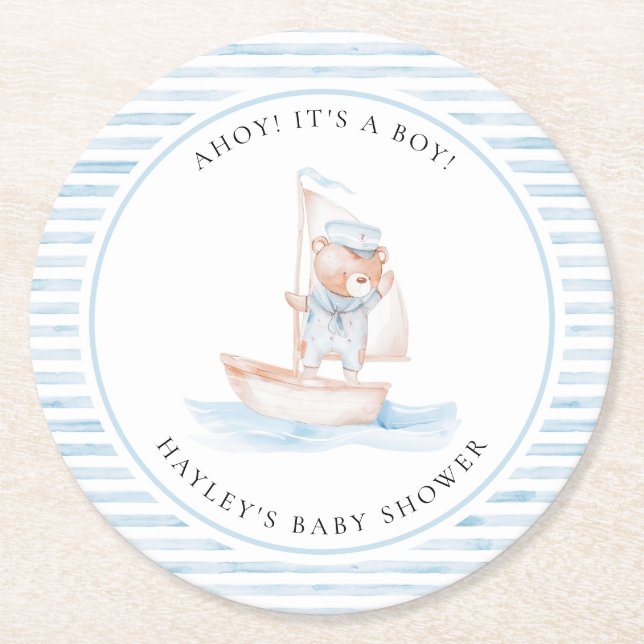 Sailor Bear Blue Stripe Baby Shower Round Paper Coaster (Front)