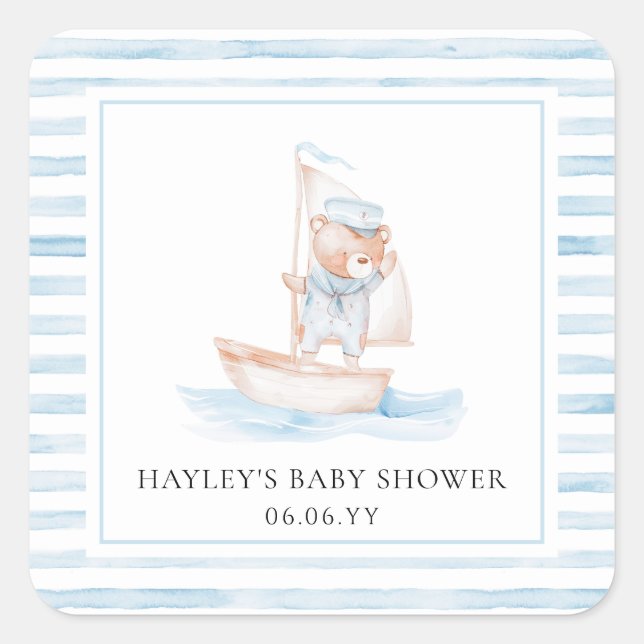 Sailor Bear Blue Stripe Baby Shower Square Sticker (Front)