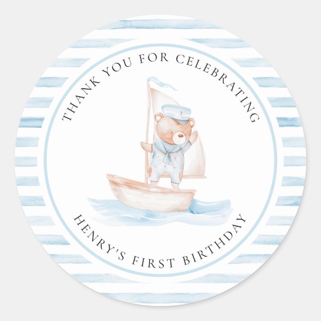 Sailor Bear Blue Stripe Birthday Classic Round Sticker (Front)