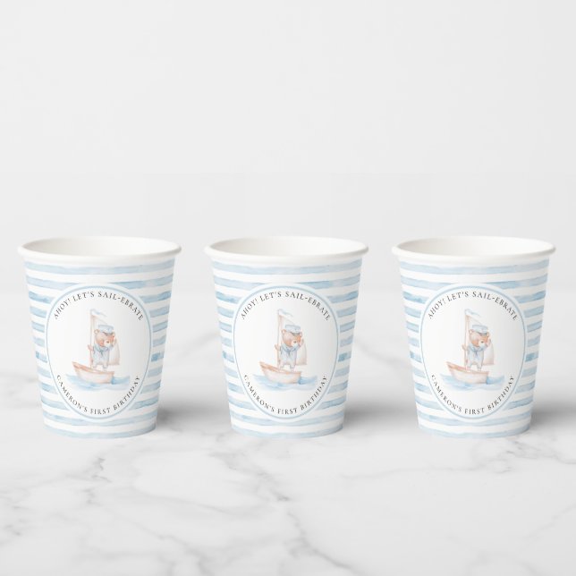 Sailor Bear Blue Stripe Birthday Paper Cups (Multi)