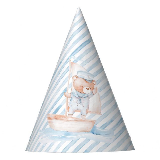 Sailor Bear Blue Stripe Birthday Party Hat (Front)