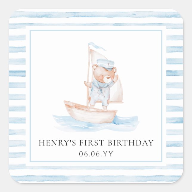 Sailor Bear Blue Stripe Birthday Square Sticker (Front)