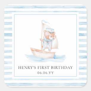 Sailor Bear Blue Stripe Birthday Square Sticker