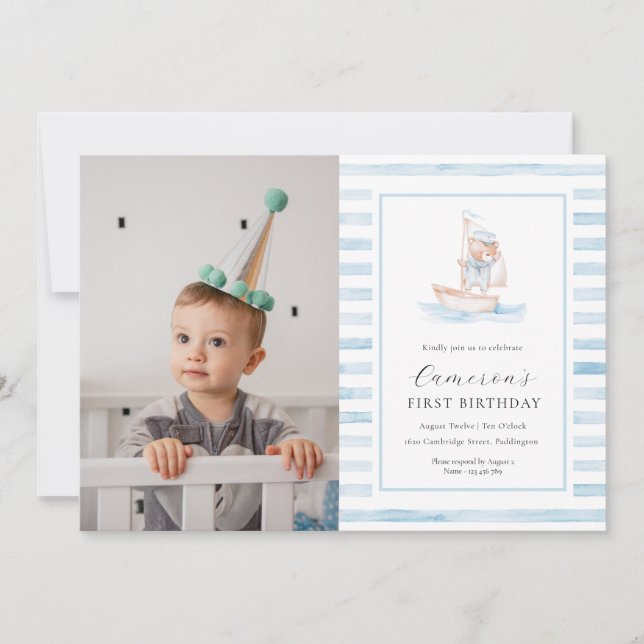 Sailor Bear Blue Stripe Photo First Birthday Invitation (Front)