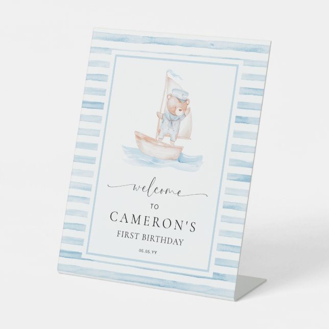 Sailor Bear Blue Stripe Welcome Pedestal Sign (Front)