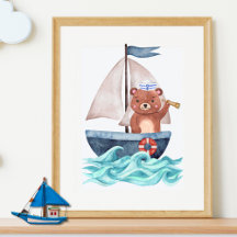 Sailor Bear Boat Waves Nautical Summer Boy Nursery