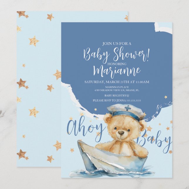  Sailor Bear Boy Baby Shower  Invitation (Front/Back)