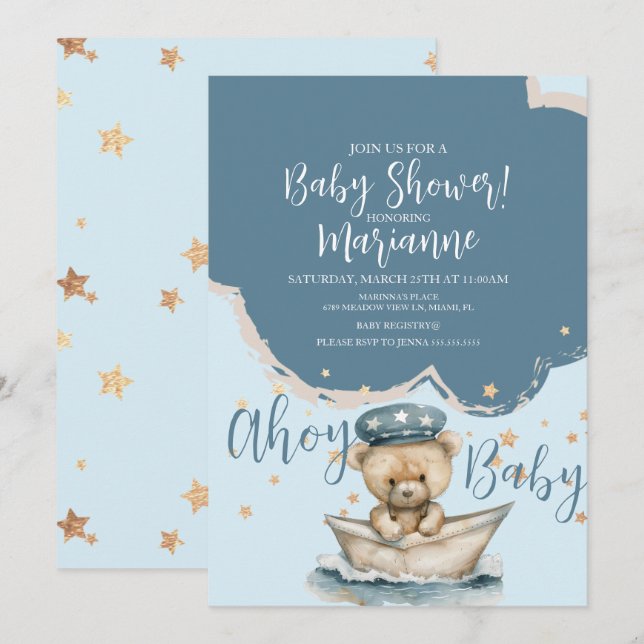  Sailor Bear Boy Stars Baby Shower  Invitation (Front/Back)