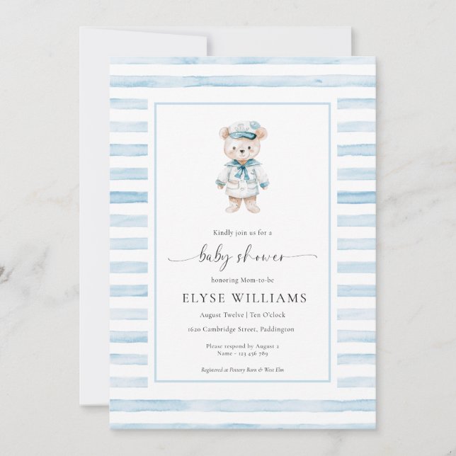 Sailor Bear Captain Blue Stripe Baby Shower Invitation (Front)