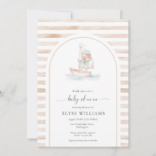 Sailor Bear Tan Stripe Baby Shower Invitation