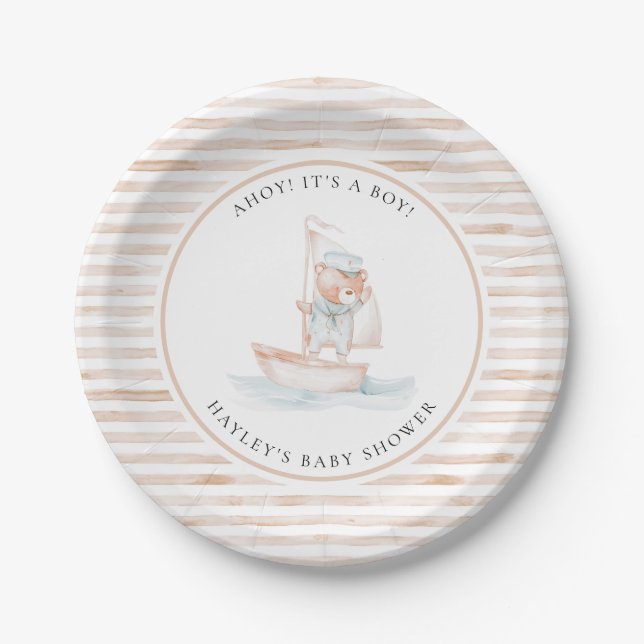 Sailor Bear Tan Stripe Baby Shower Paper Plate (Front)
