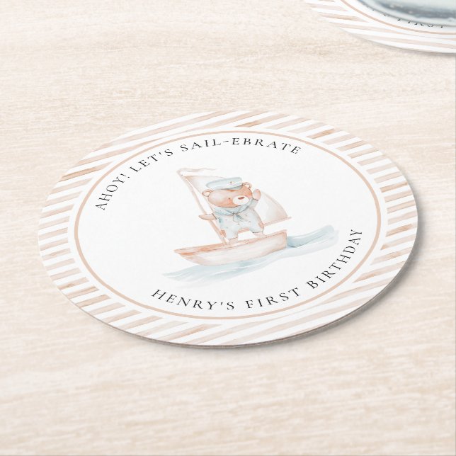 Sailor Bear Tan Stripe Birthday Round Paper Coaster (Angled)