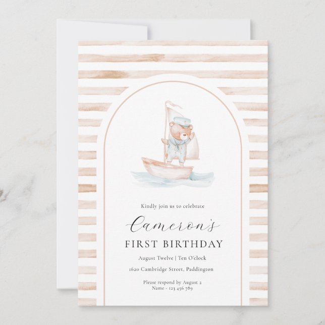 Sailor Bear Tan Stripe First Birthday Arch Invitation (Front)