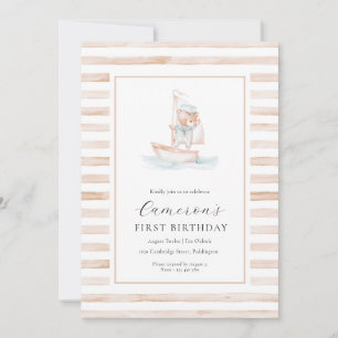 Sailor Bear Tan Stripe First Birthday Invitation