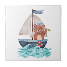 Sailor Bear Watercolor Nautical Waves Sea Boy Baby
