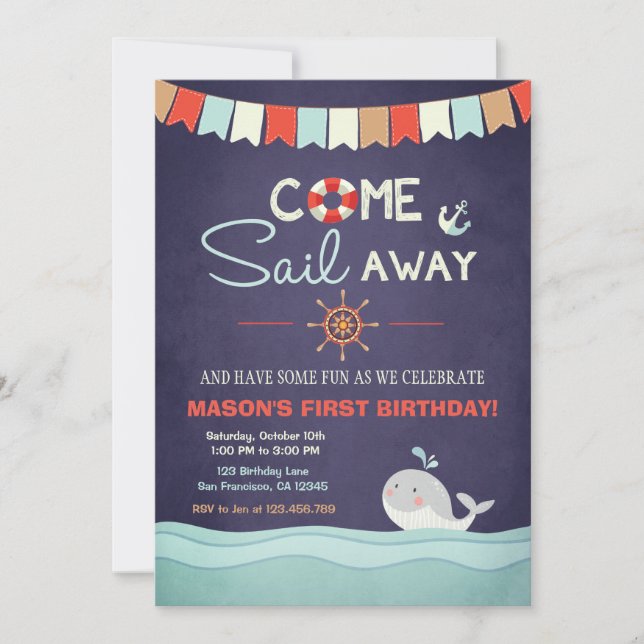 Sailor Birthday Invation Come Sail Away Nautical Invitation (Front)
