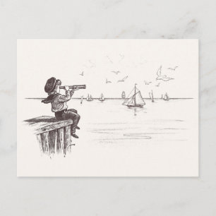 Sailor Boy with Spyglass Sees Schooners Postcard