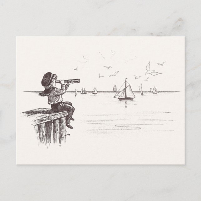Sailor Boy with Spyglass Sees Schooners Postcard (Front)
