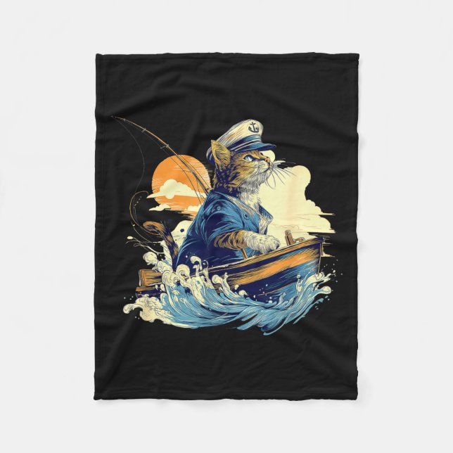 Sailor Cat Captain Boat Fishing  Fleece Blanket (Front)