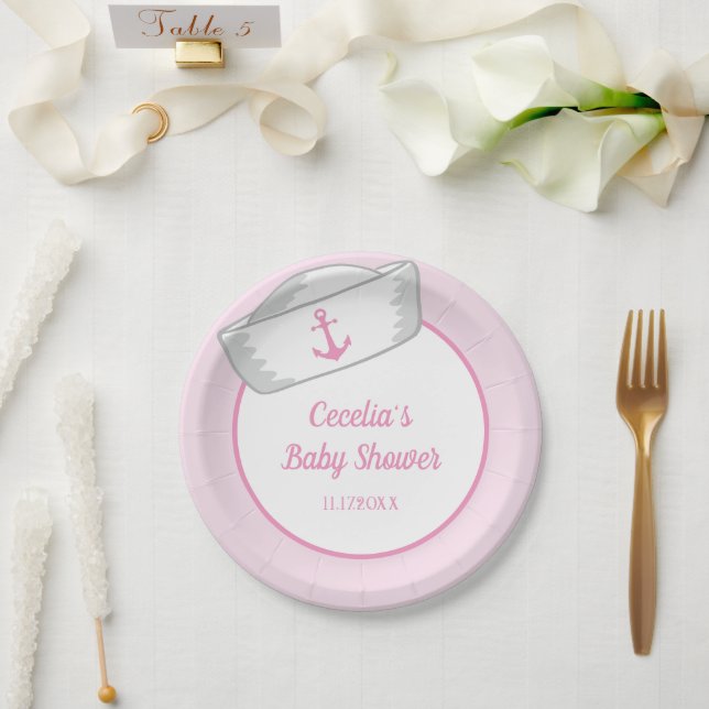 Sailor Hat Girl Nautical Baby Shower Paper Plate (Wedding)