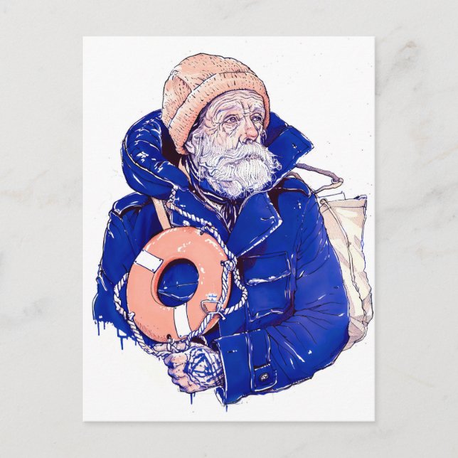Sailor Holding Lifebuoy Wearing Orange Knit Cap Postcard (Front)