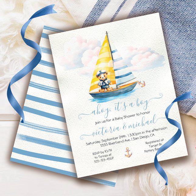 Sailor Nautical Ahoy Boy Baby Shower Sailboat Invitation (Creator Uploaded)
