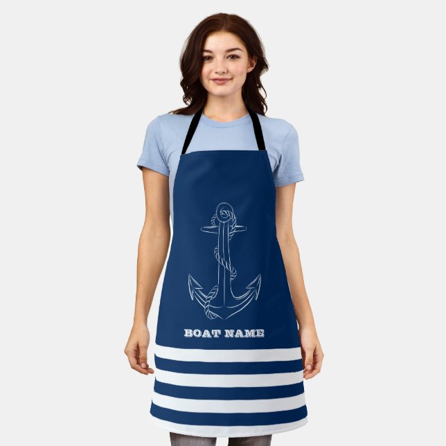 Sailor,Nautical, Anchor Navy Blue Striped    Apron (Worn)