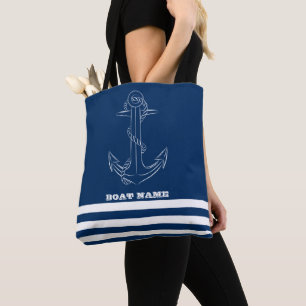 Sailor Nautical Anchor Navy Blue Striped Tote Bag